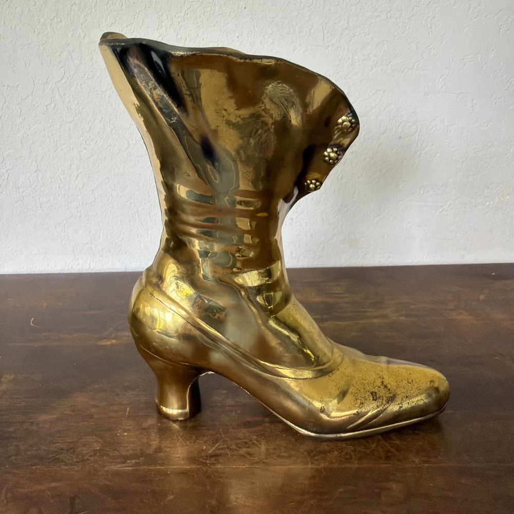 Vintage Brass Victorian Lady's Boot Shoe Vase Planter Door Stop Heavy Gold Tone - Picture 3 of 5